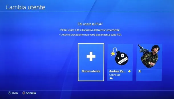PS4: Cambia utente → Nuovo utente (non usare il tuo profilo)